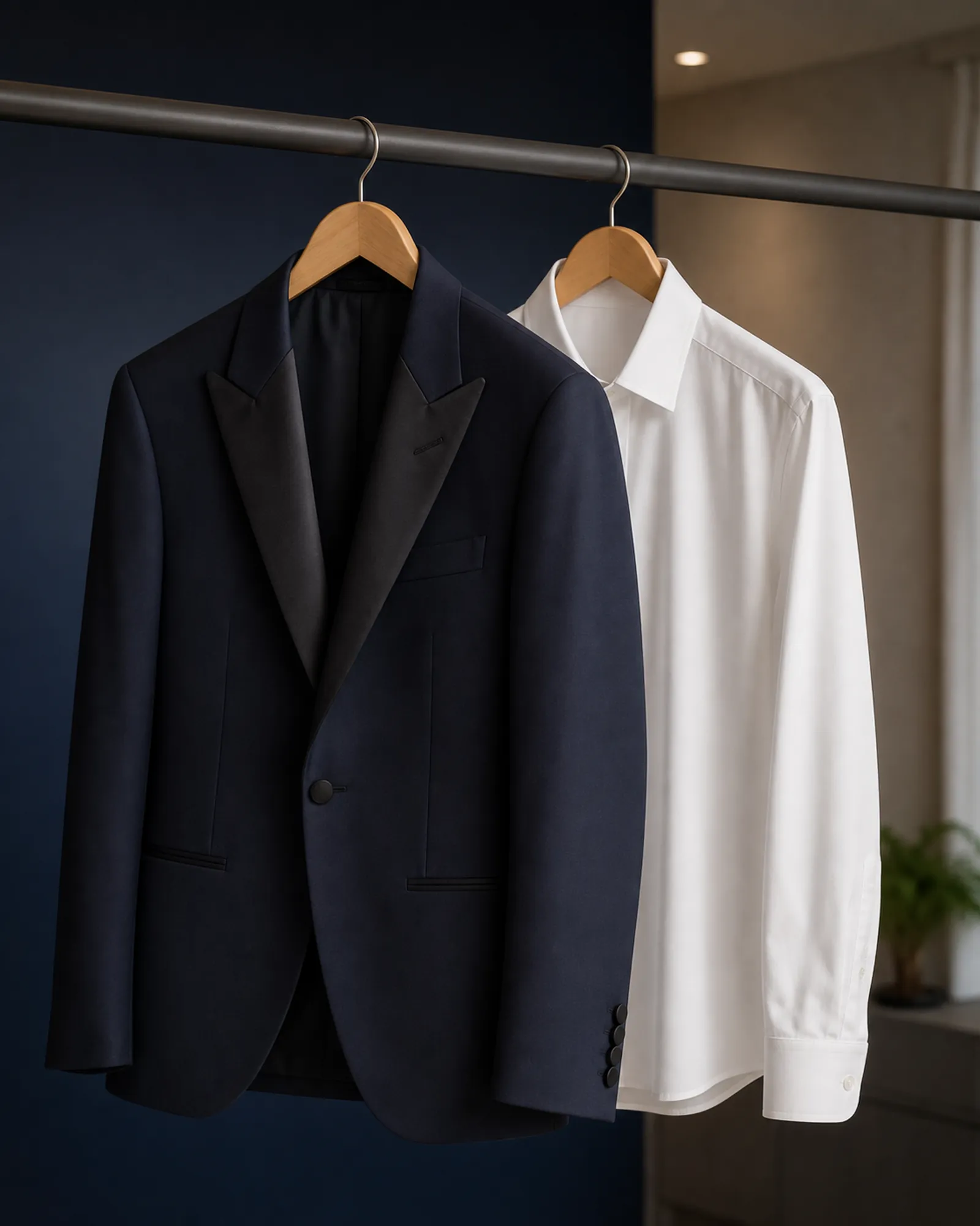 Giacca da smoking blu notte stirata, accanto a una camicia bianca