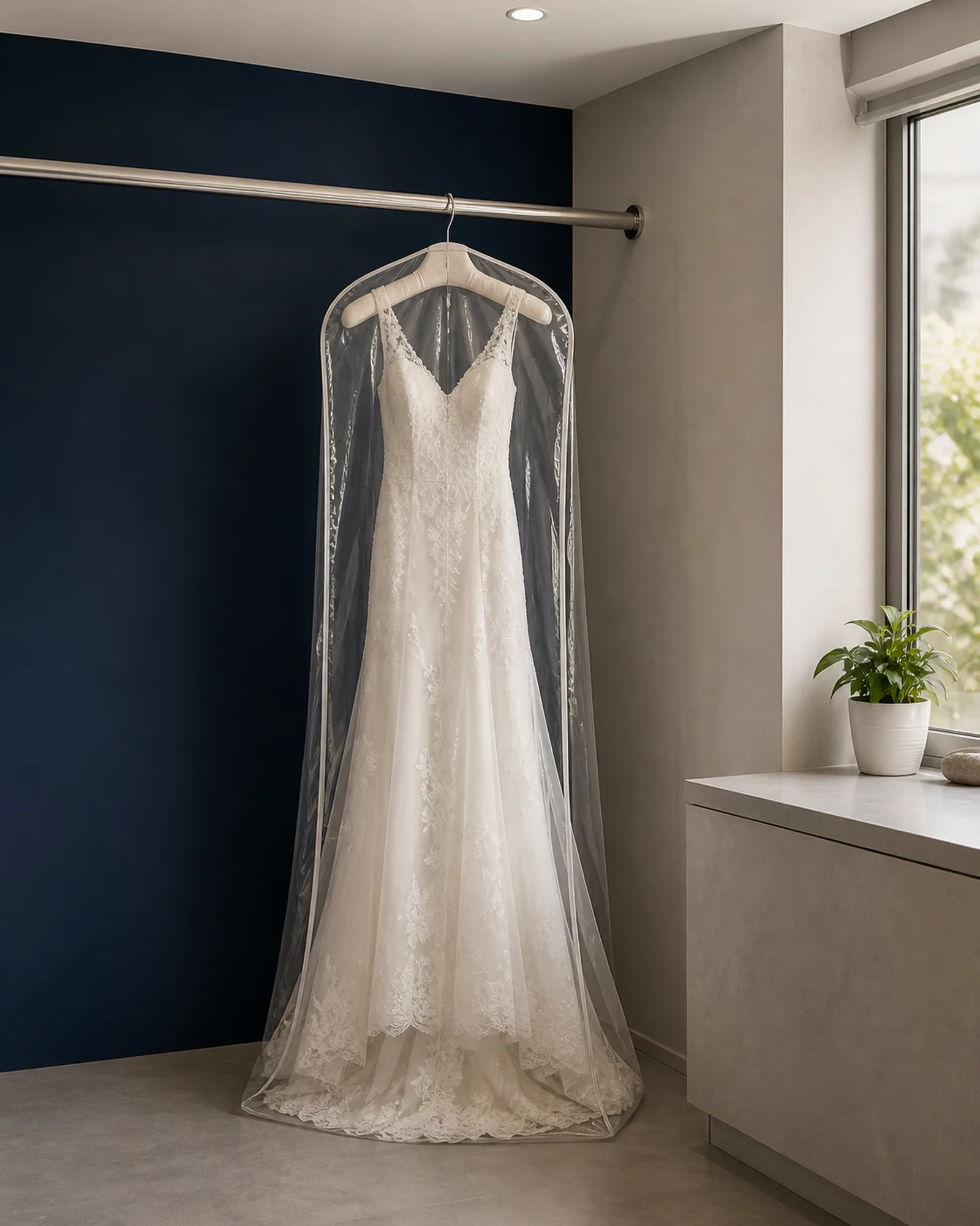 Abito da sposa in bianco appeso in custodia protettiva